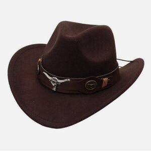 Women's Brown Cowboy Western Fedora Rodeo Faux-Sued Hat with Longhorn details